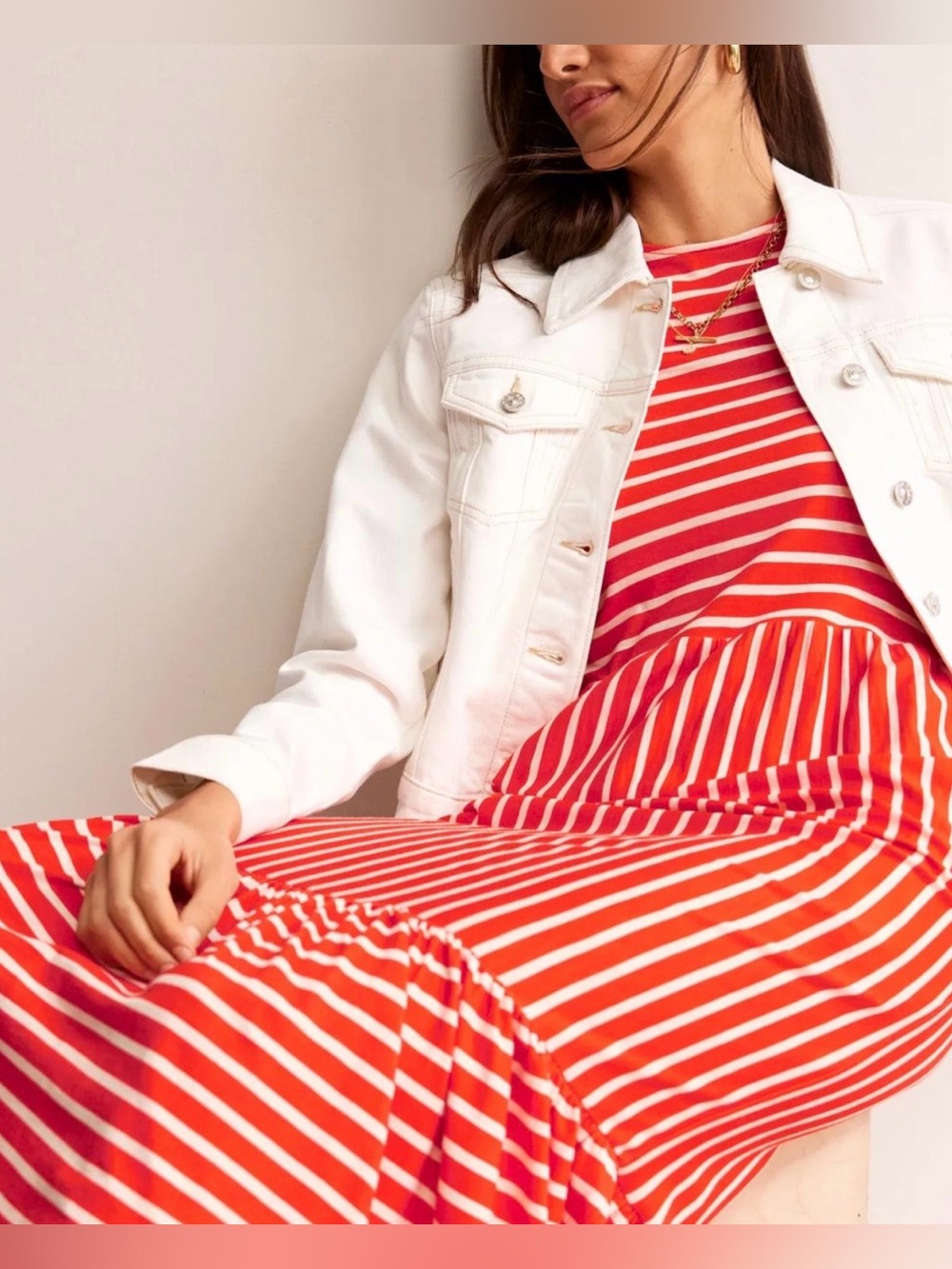 Boden Emma Tiered Jersey Midi Dress Fiesta & White Stripe US 10R UK 14R - Picture 4 of 10